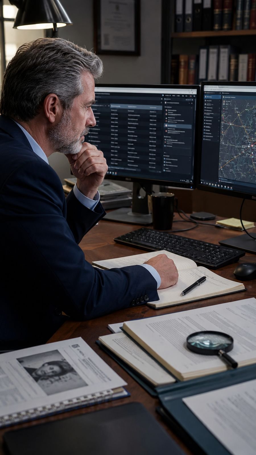 Analista revisando dados e mapas de vínculos em estação de trabalho